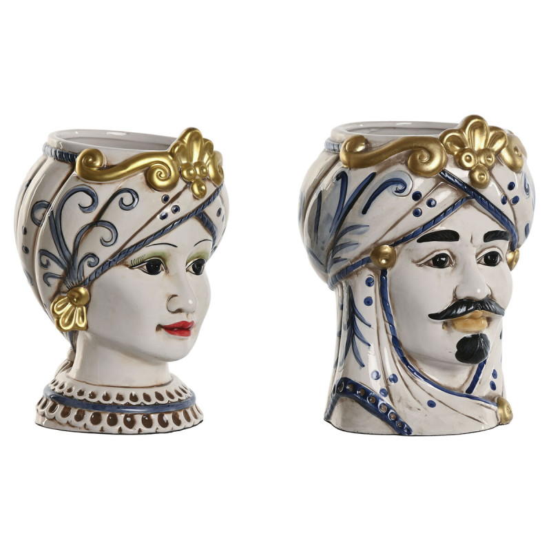 Macetero Home ESPRIT Azul Blanco Dorado Porcelana 15 x 15 x 26 cm (2 U