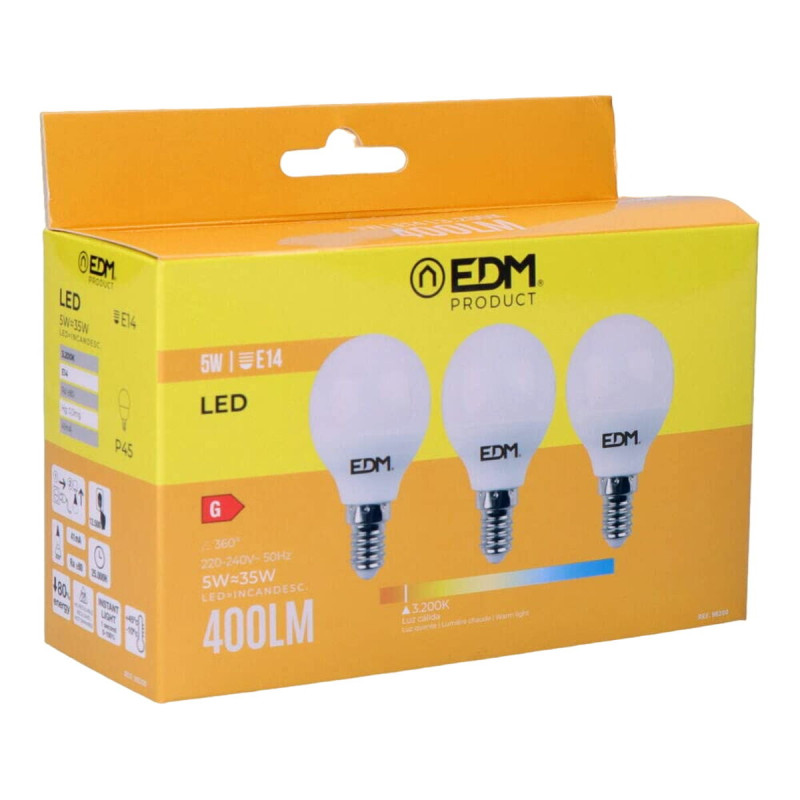 Pack de 3 bombillas LED EDM G 5 W E14 400 lm Ø 4,5 x 8 cm (3200 K) Pack de 3 bombillas LED EDM G 5 W E14 400 lm Ø 4,5 x 8 cm (3200 K)
