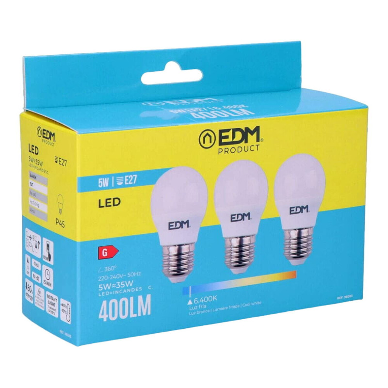 Pack de 3 bombillas LED EDM G 5 W E27 400 lm Ø 4,5 x 8 cm (6400 K) Pack de 3 bombillas LED EDM G 5 W E27 400 lm Ø 4,5 x 8 cm (6400 K)