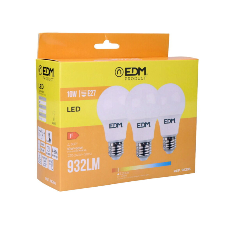 Pack de 3 bombillas LED EDM F 10 W E27 810 Lm Ø 6 x 10,8 cm (3200 K) Pack de 3 bombillas LED EDM F 10 W E27 810 Lm Ø 6 x 10,8 cm (3200 K)