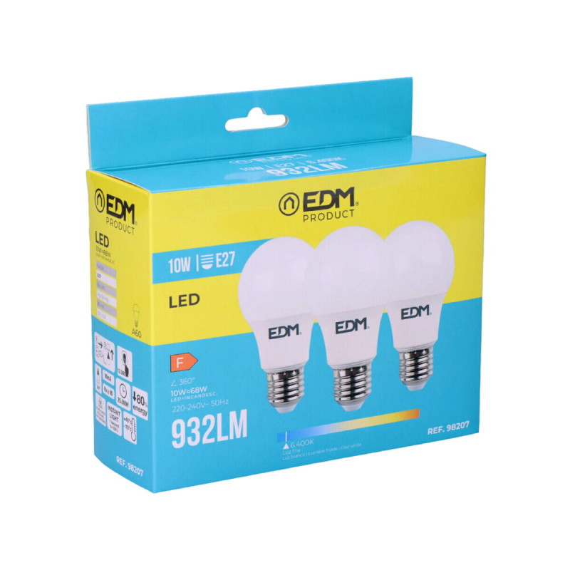 Pack de 3 bombillas LED EDM F 10 W E27 810 Lm Ø 6 x 10,8 cm (6400 K) Pack de 3 bombillas LED EDM F 10 W E27 810 Lm Ø 6 x 10,8 cm (6400 K)