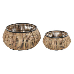 Set de Macetas DKD Home Decor Negro Natural Metal Ratán Cuadrado Bali