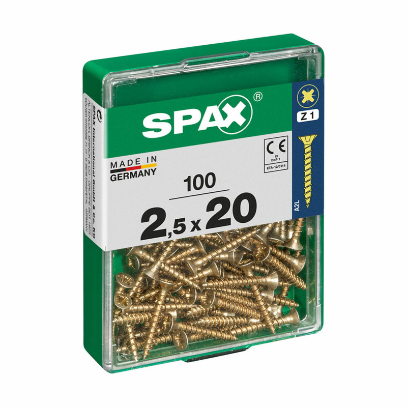 Caja de tornillos SPAX Tornillo de madera Cabeza plana (2,5 x 20 mm) Caja de tornillos SPAX Tornillo de madera Cabeza plana (2,5 x 20 mm)