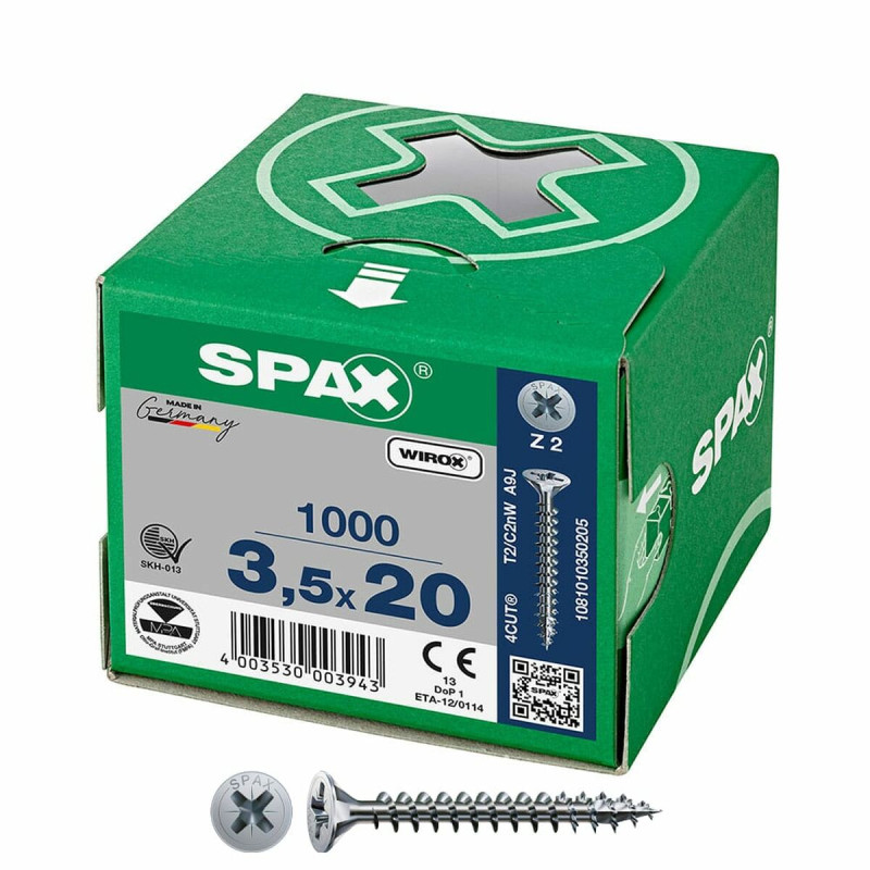 Caja de tornillos SPAX Wirox Z2 Cabeza plana 3,5 x 20 mm 1000 Unidades Caja de tornillos SPAX Wirox Z2 Cabeza plana 3,5 x 20 mm 1000 Unidades