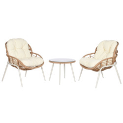 Conjunto de Mesa con 2 Sillones Home ESPRIT Blanco Beige Gris Metal Cr