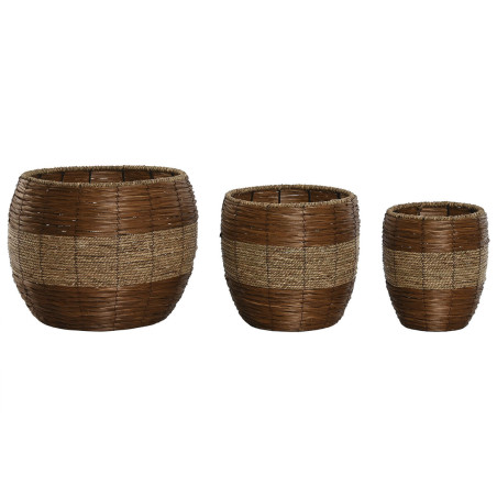 Set de Maceteros Home ESPRIT Natural Metal Fibra Tropical 33 x 33 x 30