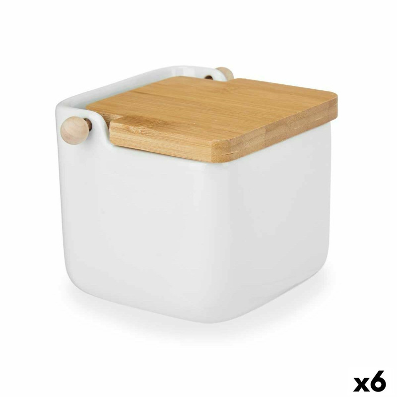 Salero con Tapa Blanco Marrón Cerámica Bambú 800 ml (6 Unidades)
